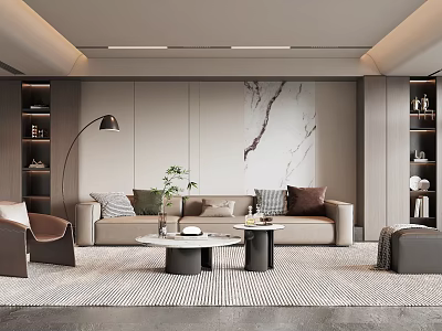 Modern Living Room Interior With Beige Sofa Throw Pillows Floor Lamp And Marble Accent Wall 3d model