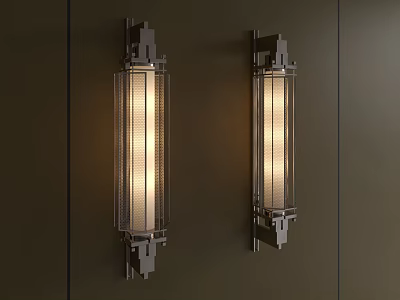 Modern Industrial Wall Lamps With Metal Frame And Glass Shade Mounted On Dark Wall 3d model