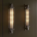 Modern Industrial Wall Lamps With Metal Frame And Glass Shade Mounted On Dark Wall