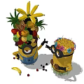 Minions Animated Movie Characters With Fruit Pile On Head Flower Crown And Scattered Fruits