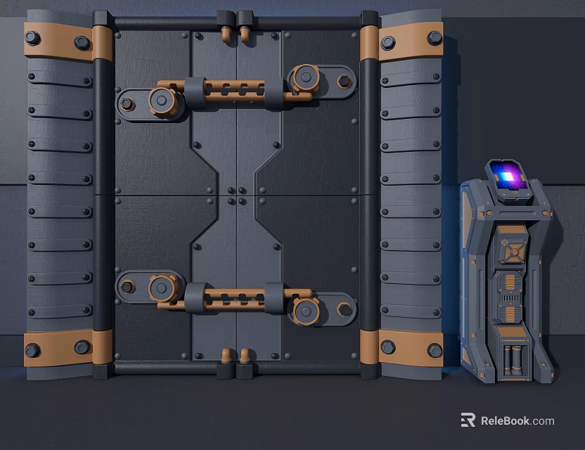Large Metal Vault Door With Brass Hinges Panels And Control Panel Purple Light 3d model