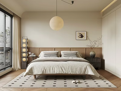 Modern Neutral Tones Bedroom With Wooden Headboard Pendant Light Area Rug And Window Blinds 3d model