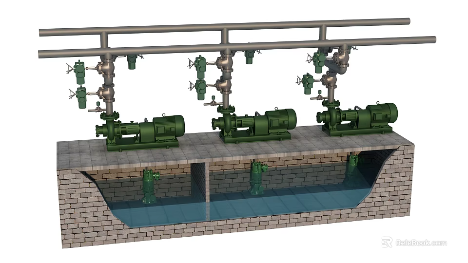 Industrial Equipment Configuration Featuring Green Pumps Metal Pipes Valves And Water Basin 3d model 