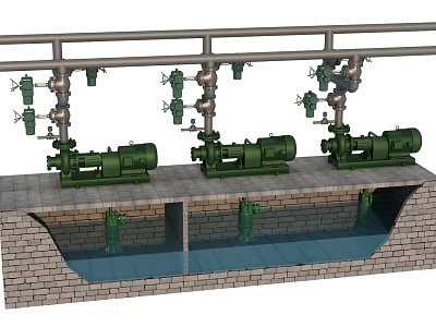 Industrial Equipment Configuration Featuring Green Pumps Metal Pipes Valves And Water Basin 3d model