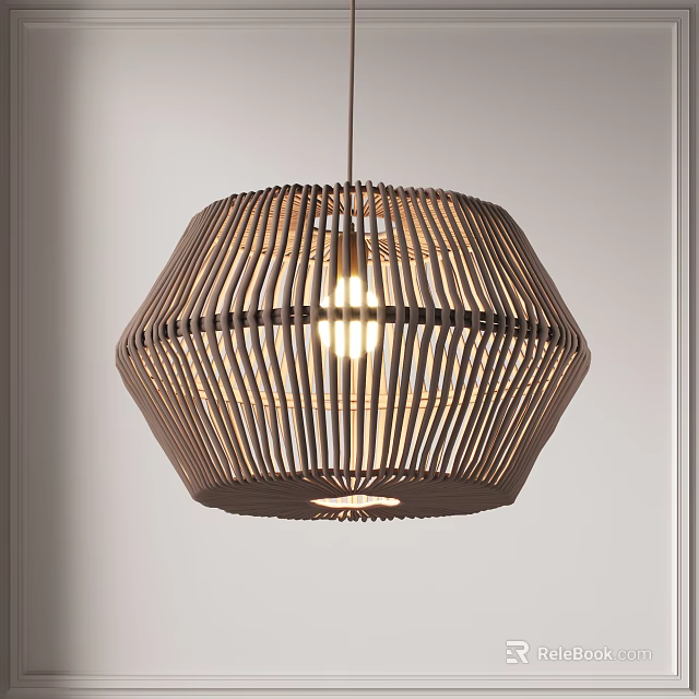 Modern Circular Woven Rattan Pendant Light Illuminated With Warm Ambient Light 3d model 