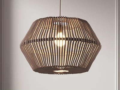 Modern Circular Woven Rattan Pendant Light Illuminated With Warm Ambient Light 3d model