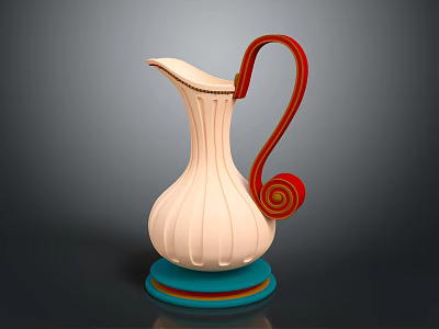 Striped Cream Colored Pitcher With Red Spiral Handle And Blue Base For Daily Use 3d model