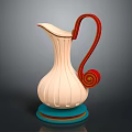Striped Cream Colored Pitcher With Red Spiral Handle And Blue Base For Daily Use