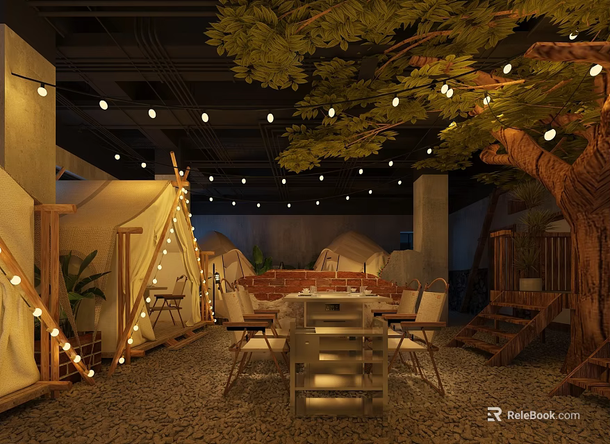 Camping Style Hotpot Restaurant With Tents Tree String Lights Tables And Chairs 3d model
