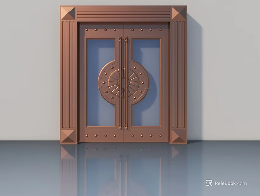 Copper Double Swing Door With Circular Decorative Pattern And Glass Panels 3d model