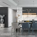 Modern Restaurant Interior With Dark Gray Cabinets Marble Backsplash Island And Dining Table