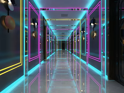 Modern KTV Corridor Design With Neon Lights Mirror Walls And Lighting Decorations 3d model