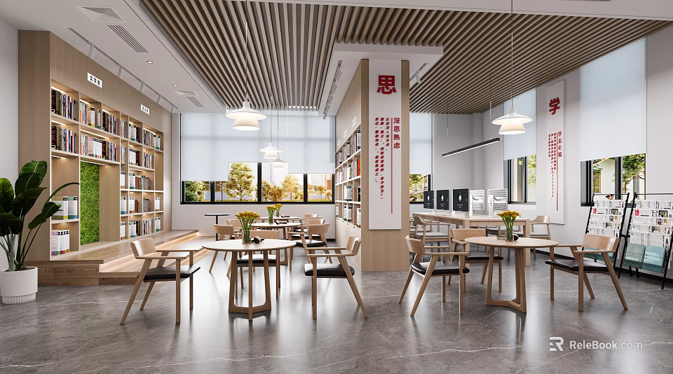 Public Office Space With Bookshelves Wooden Tables Chairs Hanging Lights And Green Plant Wall 3d model 
