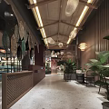 Modern Restaurant Interior With Woven Ceiling Decor Pendant Lights Dining Tables And Green Plants
