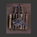 Weapon components being lifted by mechanical arm onto wooden pallet with dark background
