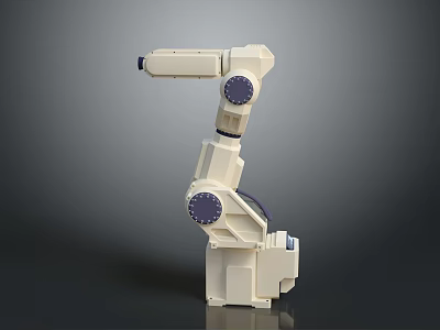 White Robotic Arm With Multiple Joints And Purple Circular Bionic Components On Gray Background 3d model