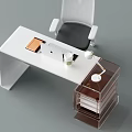 Modern Office Desk With Ergonomic Chair Laptop Desk Lamp Coffee Cup And Drawer Cabinet