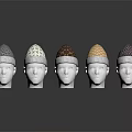 Five Stylish Hats With Various Colors And Patterns On White Mannequin Heads With Reflections