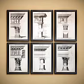 Vintage Architectural Drawing Prints With Columns Dome And Wall Frames 3d model