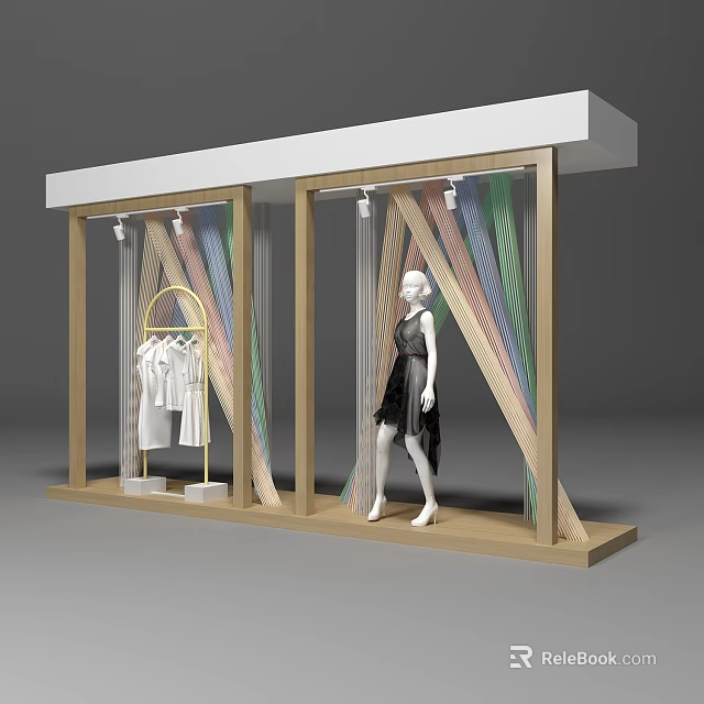 Store Window Design Featuring Mannequin In Black Dress Hanging White Clothes And Colorful Decorative Strips 3d model 