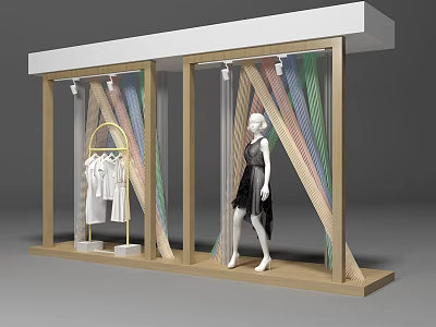 Store Window Design Featuring Mannequin In Black Dress Hanging White Clothes And Colorful Decorative Strips 3d model