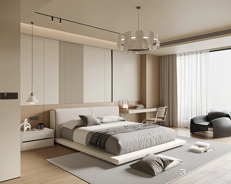 Modern Bedroom Interior With Striped Accent Wall Bed Desk Chair Curtains Pendant Light And Carpet 3d model 