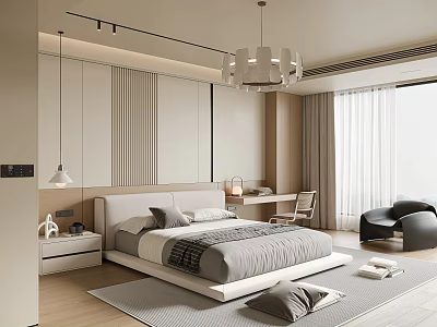 Modern Bedroom Interior With Striped Accent Wall Bed Desk Chair Curtains Pendant Light And Carpet 3d model