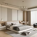 Modern Bedroom Interior With Striped Accent Wall Bed Desk Chair Curtains Pendant Light And Carpet