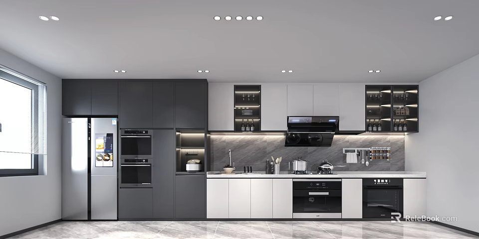 Modern Kitchen Interior With Dark White Cabinets Marble Countertop And Appliances 3d model 