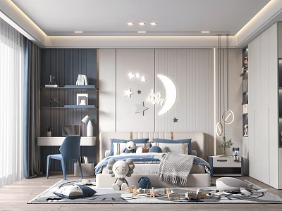 Modern Kids Room Interior Design With Moon Star Decor Bed Desk And Soft Rug 3d model