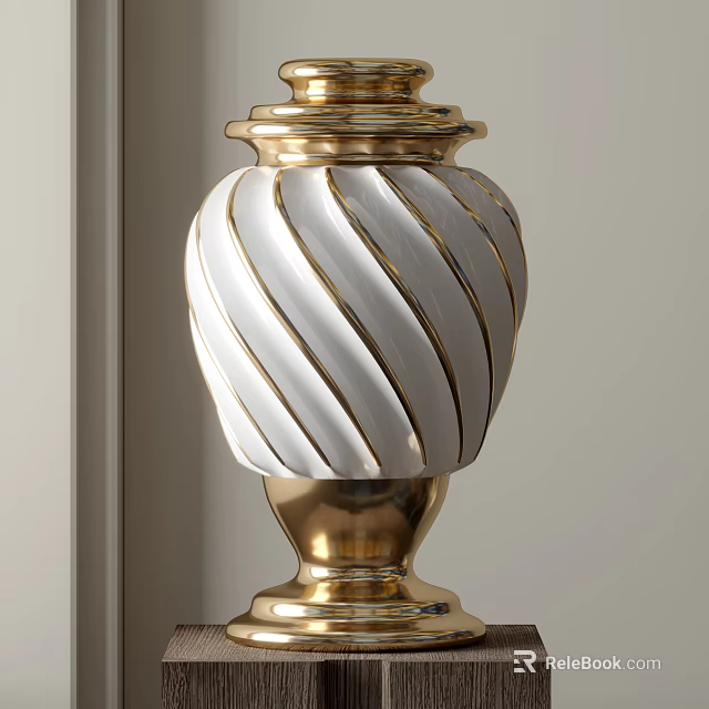 Elegant Ceramic Vessel With White Spiral Patterns And Gold Base Top Accents 3d model 