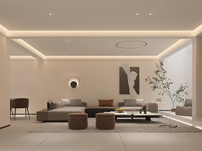 Modern Basement Living Room Interior With Sofa Coffee Table Decorative Painting And Potted Plant 3d model
