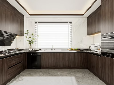 Modern Kitchen Interior Design With Wooden Cabinets Marble Countertop And Appliances 3d model