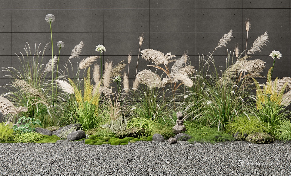 Lush Natural Grasses Garden with Green Moss Stones and Gray Wall Background 3d model 