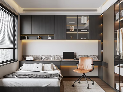 Modern Tatami Bedroom Interior With Tatami Bed Black Cabinets Desk Laptop And Orange Chair 3d model
