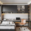 Modern Tatami Bedroom Interior With Tatami Bed Black Cabinets Desk Laptop And Orange Chair