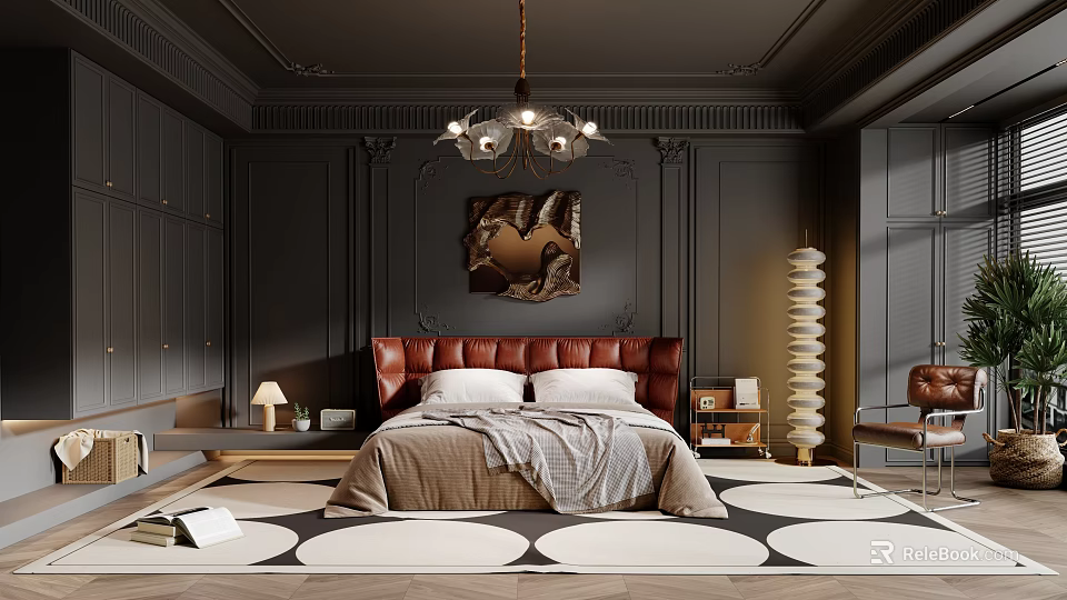 Elegant Dark Bedroom Interior With Ornate Moldings Chandelier Brown Leather Headboard Circular Rug Spiral Floor Lamp 3d model 