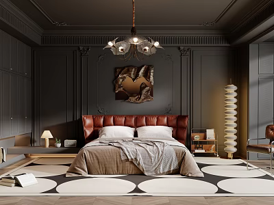 Elegant Dark Bedroom Interior With Ornate Moldings Chandelier Brown Leather Headboard Circular Rug Spiral Floor Lamp 3d model