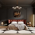 Elegant Dark Bedroom Interior With Ornate Moldings Chandelier Brown Leather Headboard Circular Rug Spiral Floor Lamp