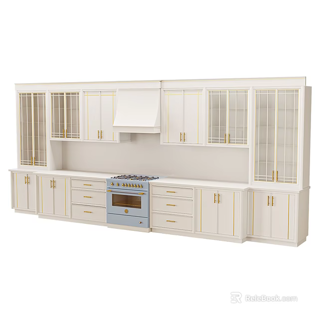 White Kitchen Cabinets With Gold Handles Glass Doors Drawers And Range Hood 3d model 