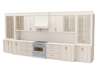 White Kitchen Cabinets With Gold Handles Glass Doors Drawers And Range Hood 3d model