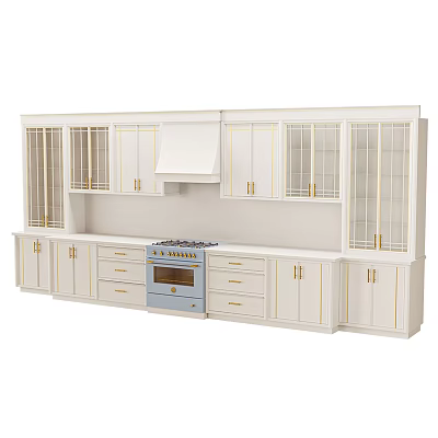 White Kitchen Cabinets With Gold Handles Glass Doors Drawers And Range Hood 3d model
