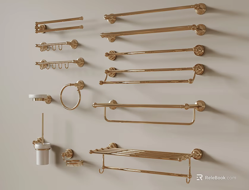 Modern Golden Bathroom Accessories Wall Mounted Towel Racks Rings Holders 3d model 