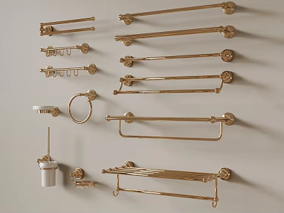 Modern Golden Bathroom Accessories Wall Mounted Towel Racks Rings Holders 3d model