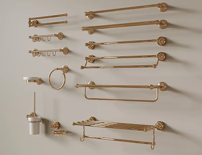 Modern Golden Bathroom Accessories Wall Mounted Towel Racks Rings Holders 3d model