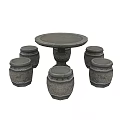 Round Outdoor Table With Rustic Drum Shaped Stools For Garden Patio Setting 3d model