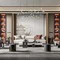 Elegant Modern Chinese Living Room Interior With Sofa Coffee Table Chandelier Decorative Cabinets And Feature Wall