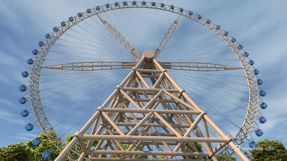 Amusement Park Ferris Wheel With Metal Structure And Blue Cabins Against Blue Sky 3d model 