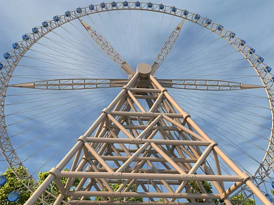 Amusement Park Ferris Wheel With Metal Structure And Blue Cabins Against Blue Sky 3d model