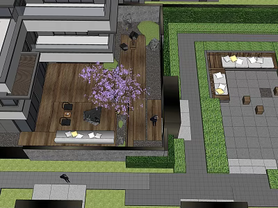 Courtyard Garden Design With Wooden Terrace Flowering Tree And Seating Area 3d model
